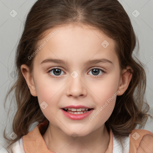 Joyful white child female with medium  brown hair and brown eyes