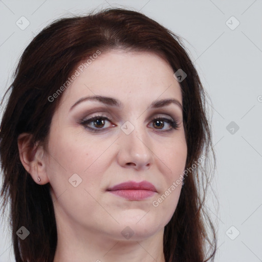 Joyful white young-adult female with long  brown hair and brown eyes