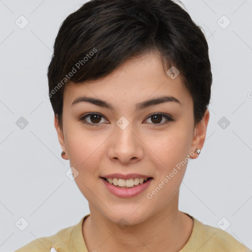 Joyful asian young-adult female with short  brown hair and brown eyes