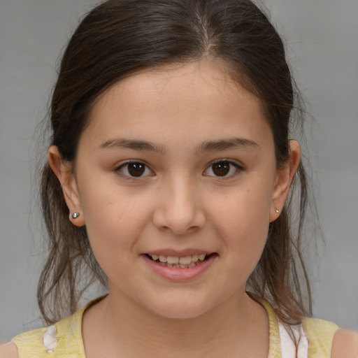 Joyful white child female with medium  brown hair and brown eyes