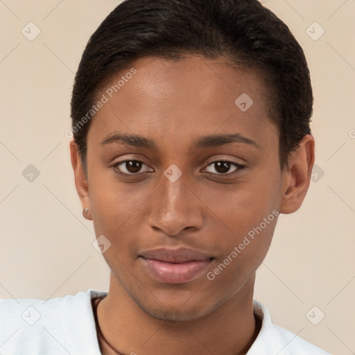 Joyful black young-adult female with short  brown hair and brown eyes