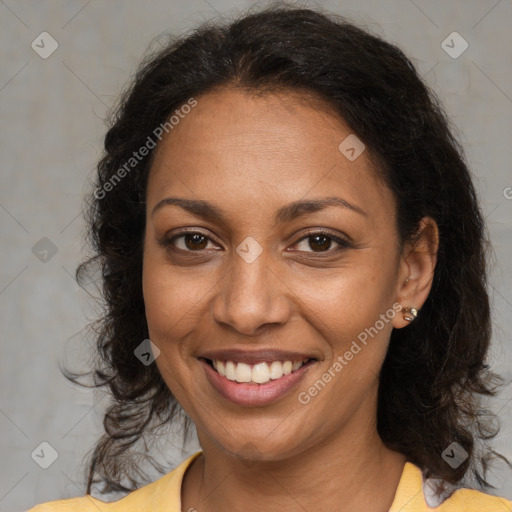 Joyful black young-adult female with medium  brown hair and brown eyes