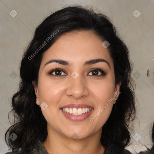 Joyful latino young-adult female with medium  brown hair and brown eyes