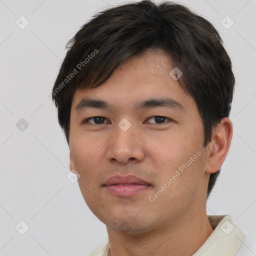 Neutral asian young-adult male with short  black hair and brown eyes