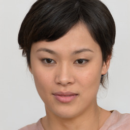 Neutral asian young-adult female with medium  brown hair and brown eyes