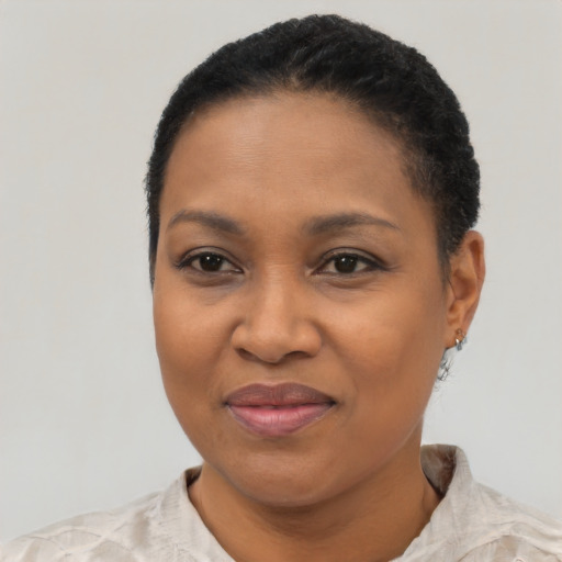 Joyful black adult female with short  black hair and brown eyes