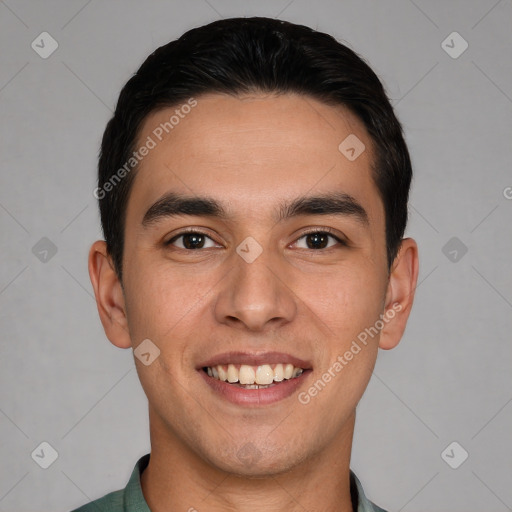 Joyful white young-adult male with short  black hair and brown eyes