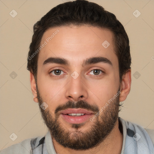 Neutral white young-adult male with short  brown hair and brown eyes