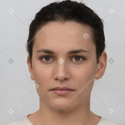 Neutral white young-adult female with short  brown hair and brown eyes