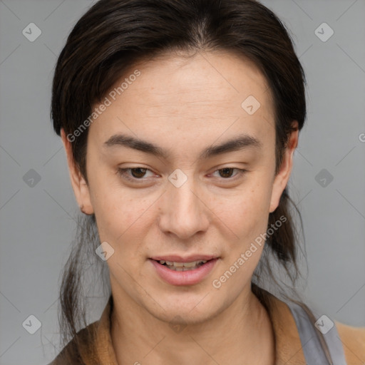 Joyful white young-adult female with medium  brown hair and brown eyes