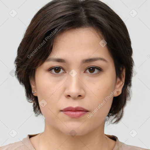 Neutral white young-adult female with medium  brown hair and brown eyes