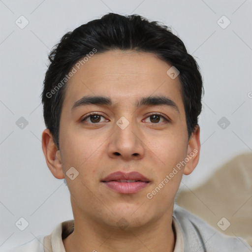 Neutral asian young-adult male with short  black hair and brown eyes