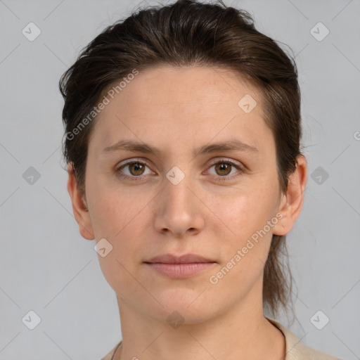 Neutral white young-adult female with short  brown hair and brown eyes