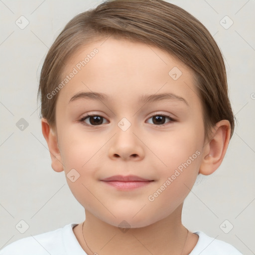 Joyful white child female with short  brown hair and brown eyes