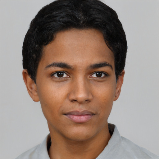 Neutral latino young-adult female with short  black hair and brown eyes