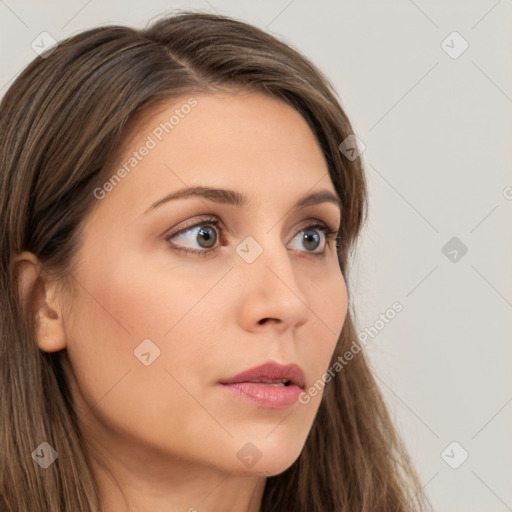 Neutral white young-adult female with long  brown hair and grey eyes