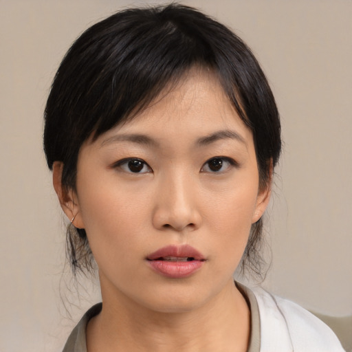 Neutral asian young-adult female with medium  black hair and brown eyes