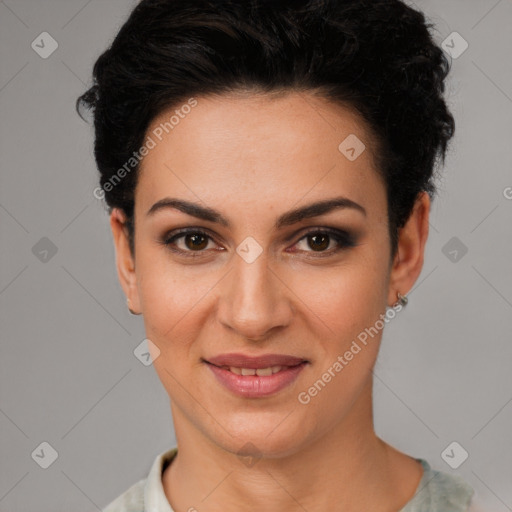 Joyful white young-adult female with short  black hair and brown eyes