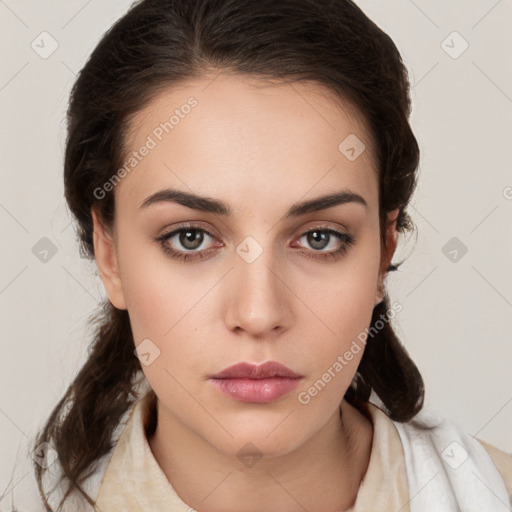 Neutral white young-adult female with medium  brown hair and brown eyes