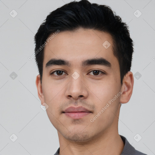 Neutral asian young-adult male with short  black hair and brown eyes