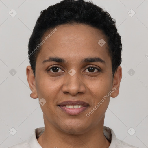 Joyful latino young-adult female with short  black hair and brown eyes