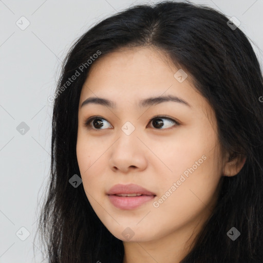 Neutral asian young-adult female with long  black hair and brown eyes