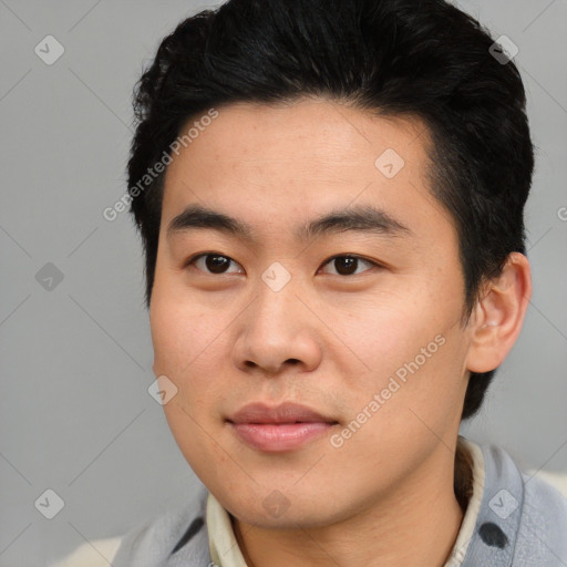 Neutral asian young-adult male with short  black hair and brown eyes