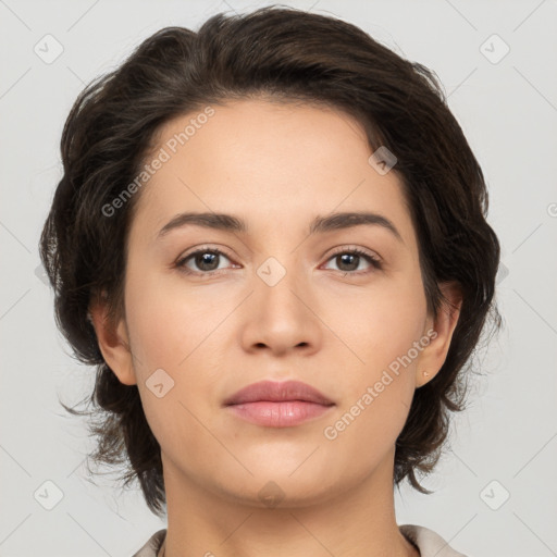 Neutral white young-adult female with medium  brown hair and brown eyes