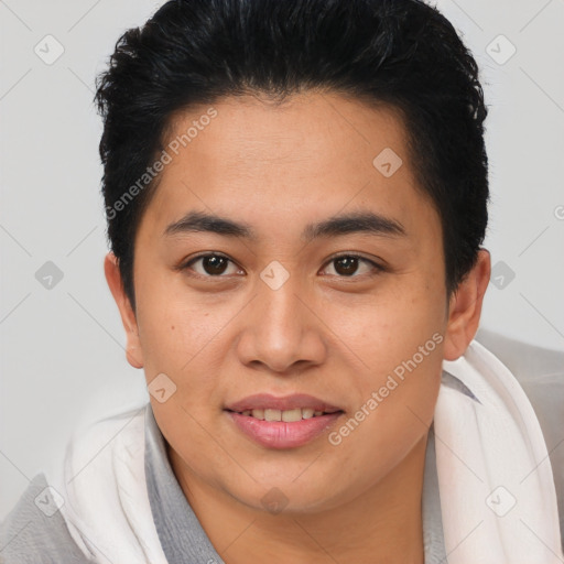 Joyful asian young-adult female with short  brown hair and brown eyes