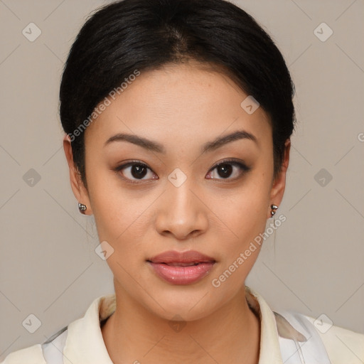 Joyful asian young-adult female with medium  brown hair and brown eyes