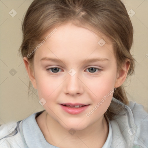 Joyful white child female with medium  brown hair and brown eyes