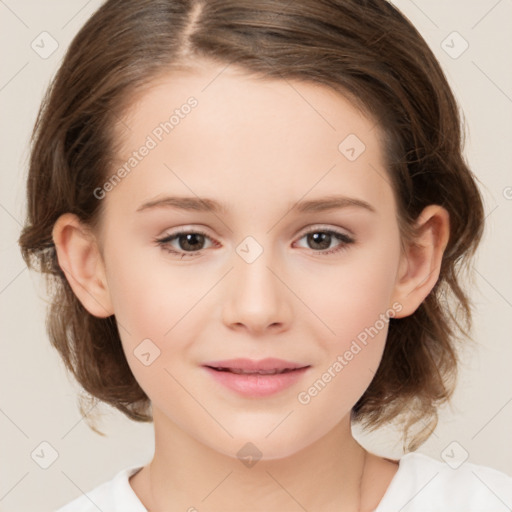 Joyful white child female with medium  brown hair and brown eyes