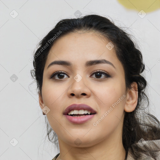 Joyful asian young-adult female with medium  black hair and brown eyes