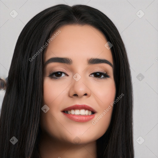 Joyful white young-adult female with long  black hair and brown eyes