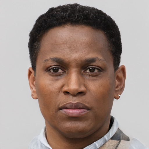 Joyful black young-adult male with short  brown hair and brown eyes
