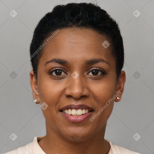 Joyful black young-adult female with short  black hair and brown eyes