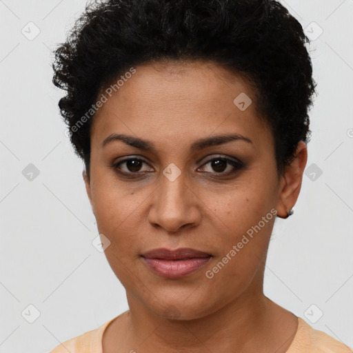 Joyful latino young-adult female with short  brown hair and brown eyes
