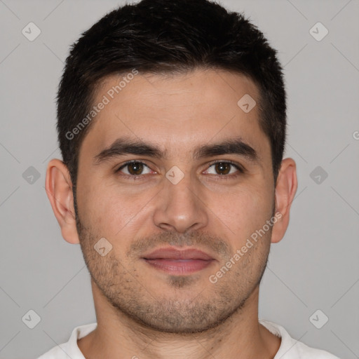 Joyful white young-adult male with short  brown hair and brown eyes