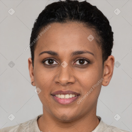 Joyful latino young-adult female with short  black hair and brown eyes