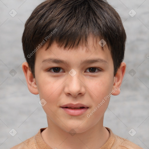 Joyful white child male with short  brown hair and brown eyes