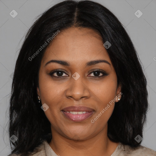 Joyful black young-adult female with medium  black hair and brown eyes