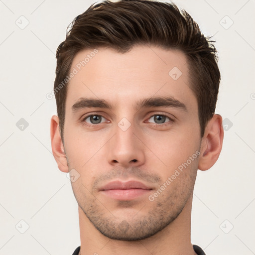 Neutral white young-adult male with short  brown hair and brown eyes