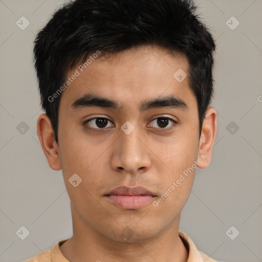 Neutral asian young-adult male with short  brown hair and brown eyes