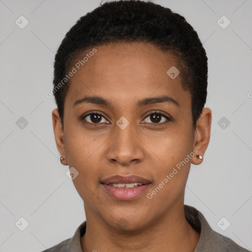 Neutral black young-adult female with short  black hair and brown eyes