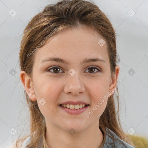 Joyful white child female with medium  brown hair and brown eyes