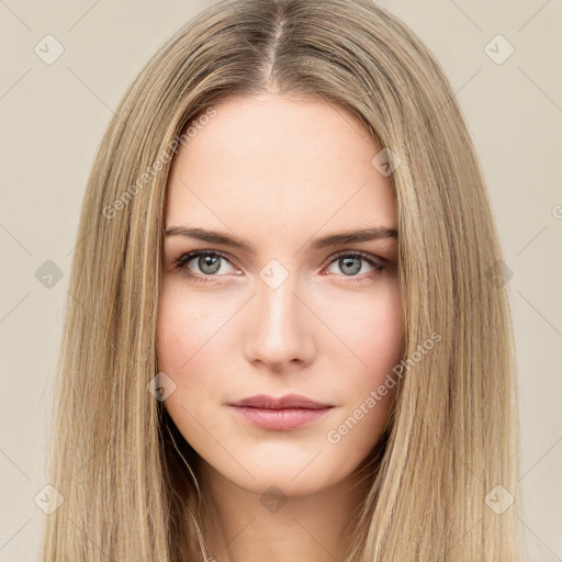 Neutral white young-adult female with long  brown hair and brown eyes