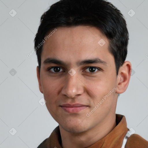 Neutral white young-adult male with short  black hair and brown eyes