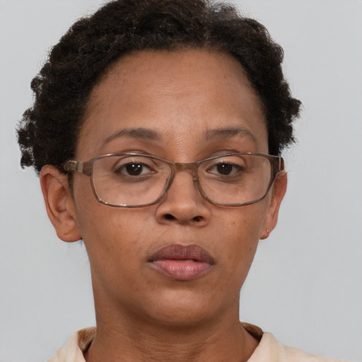 Neutral black adult female with short  brown hair and brown eyes