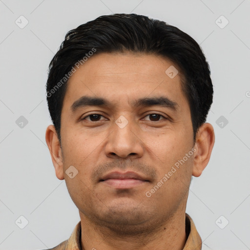 Neutral asian young-adult male with short  black hair and brown eyes