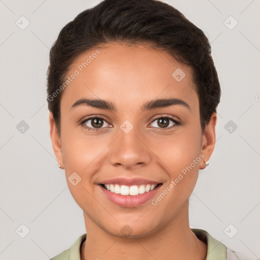 Joyful white young-adult female with short  brown hair and brown eyes